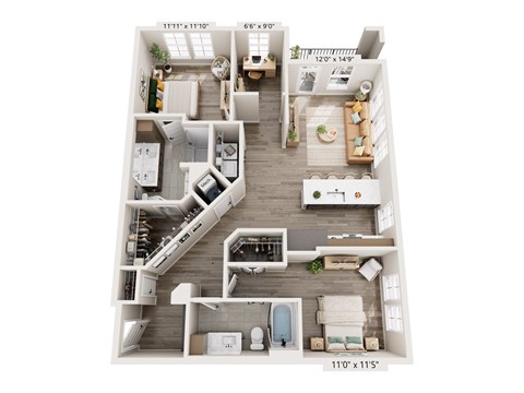 A floor plan of a two-bedroom apartment with a living room, kitchen, and bathroom.